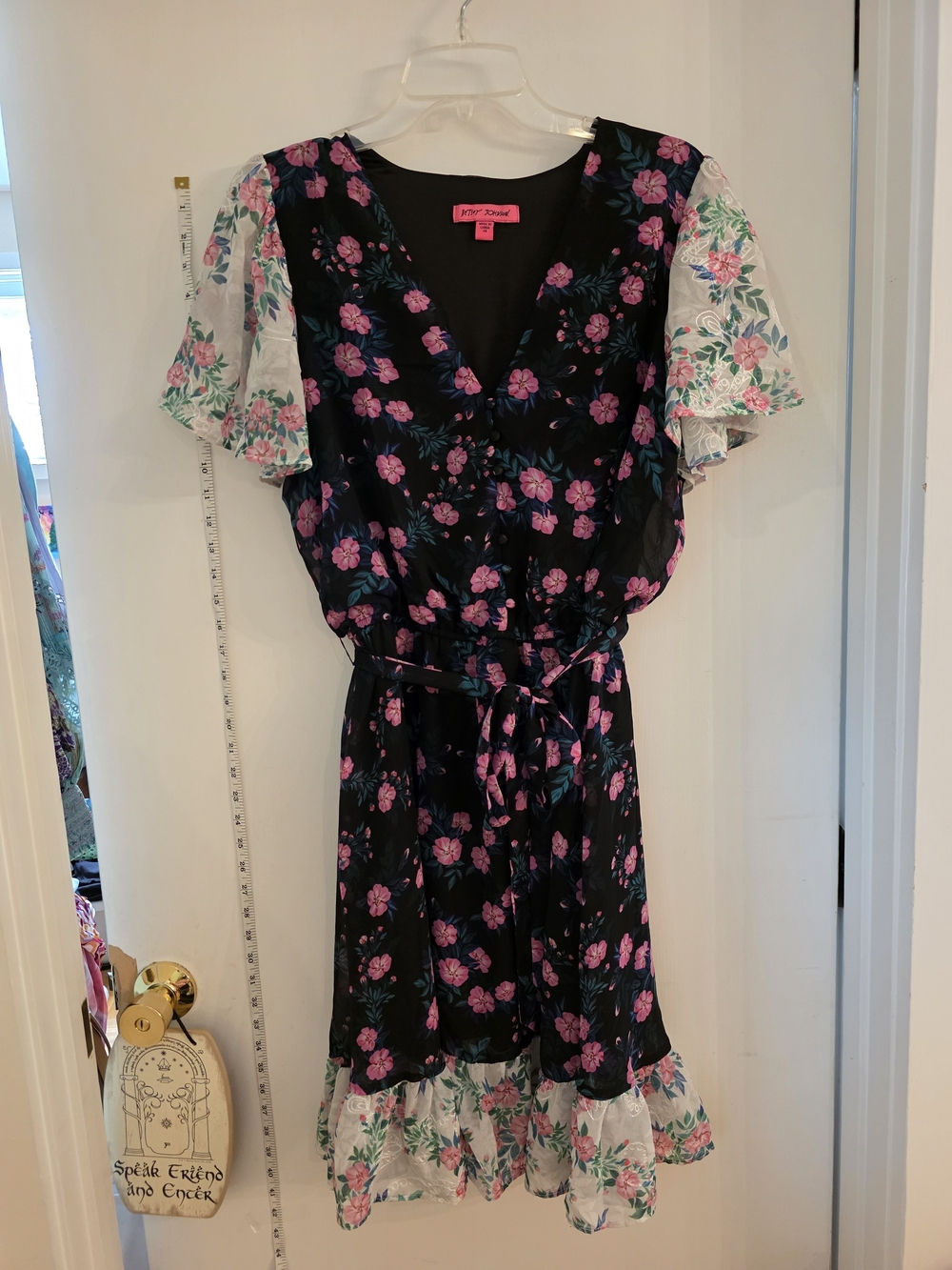 Betsey Johnson Black Floral Dress with Contrast Ruffle And Belt